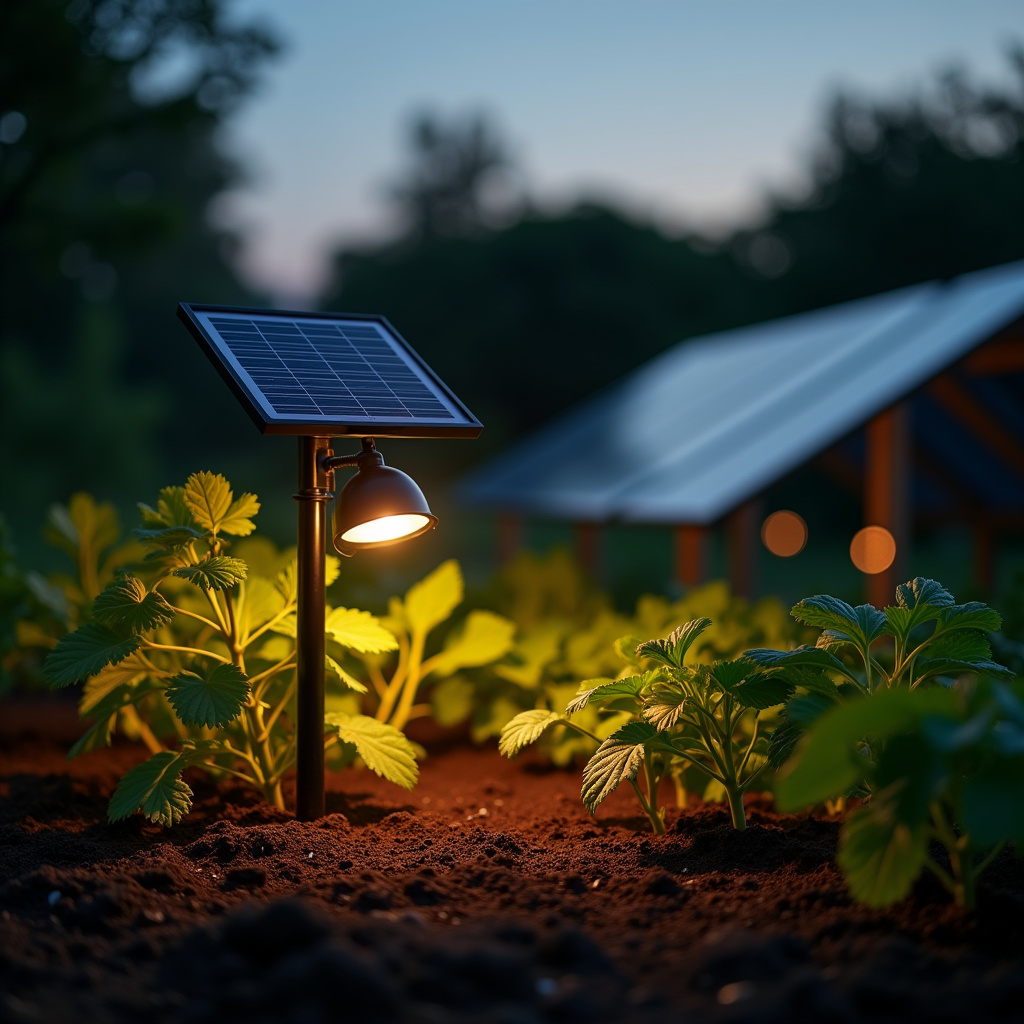 Solar panels powering garden lights at dusk, highlighting vegetables, professional photography, 8K Iluminação solar eficiente em estufa de horta.