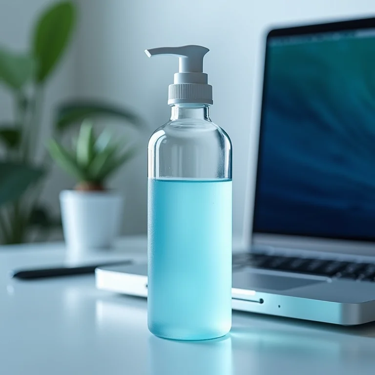 Solução caseira de vinagre branco ao lado de um notebook.