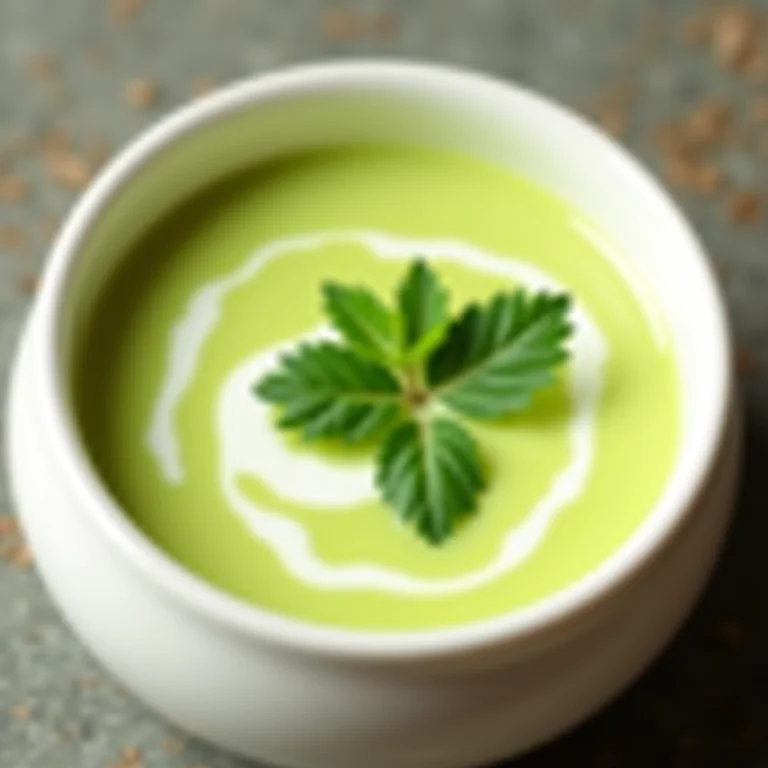 Sopa cremosa de azedinha em uma tigela branca