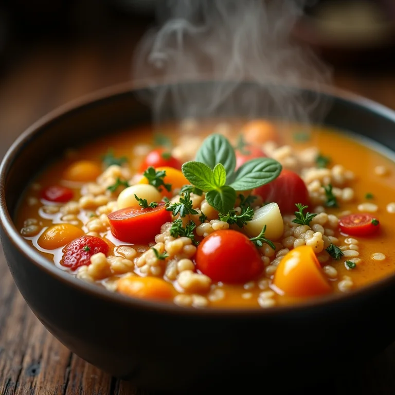 Sopa de aveia com legumes frescos e ervas aromáticas.