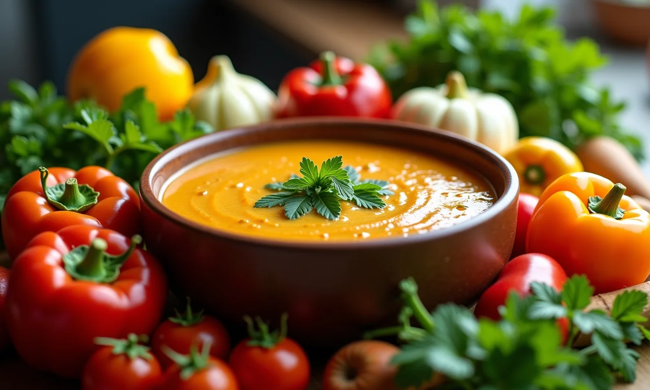 Sopa de grão de bico com legumes coloridos, rica em vitaminas e minerais essenciais para a saúde.