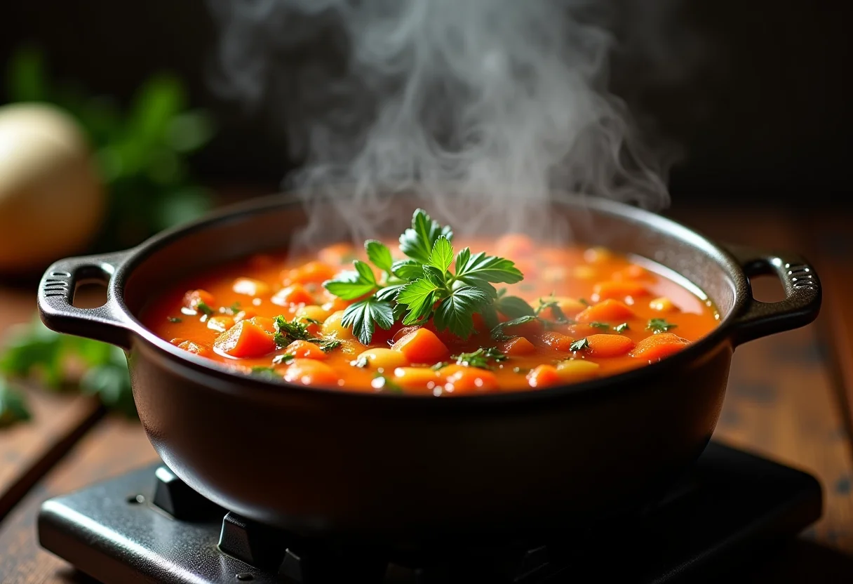 Sopa de legumes caseira com aipo fresco fumegante