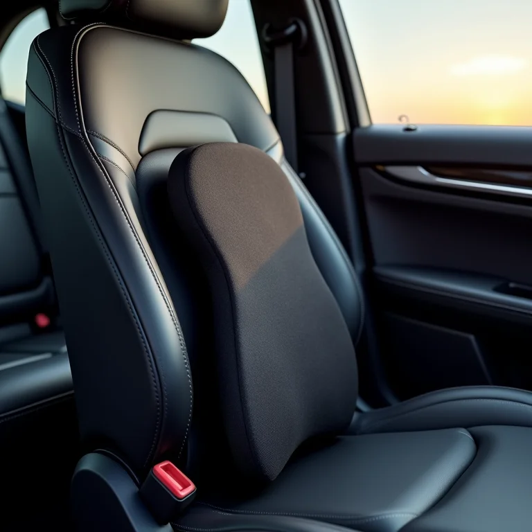 Suporte lombar ortopédico em um assento de carro, destacando o conforto ergonômico
