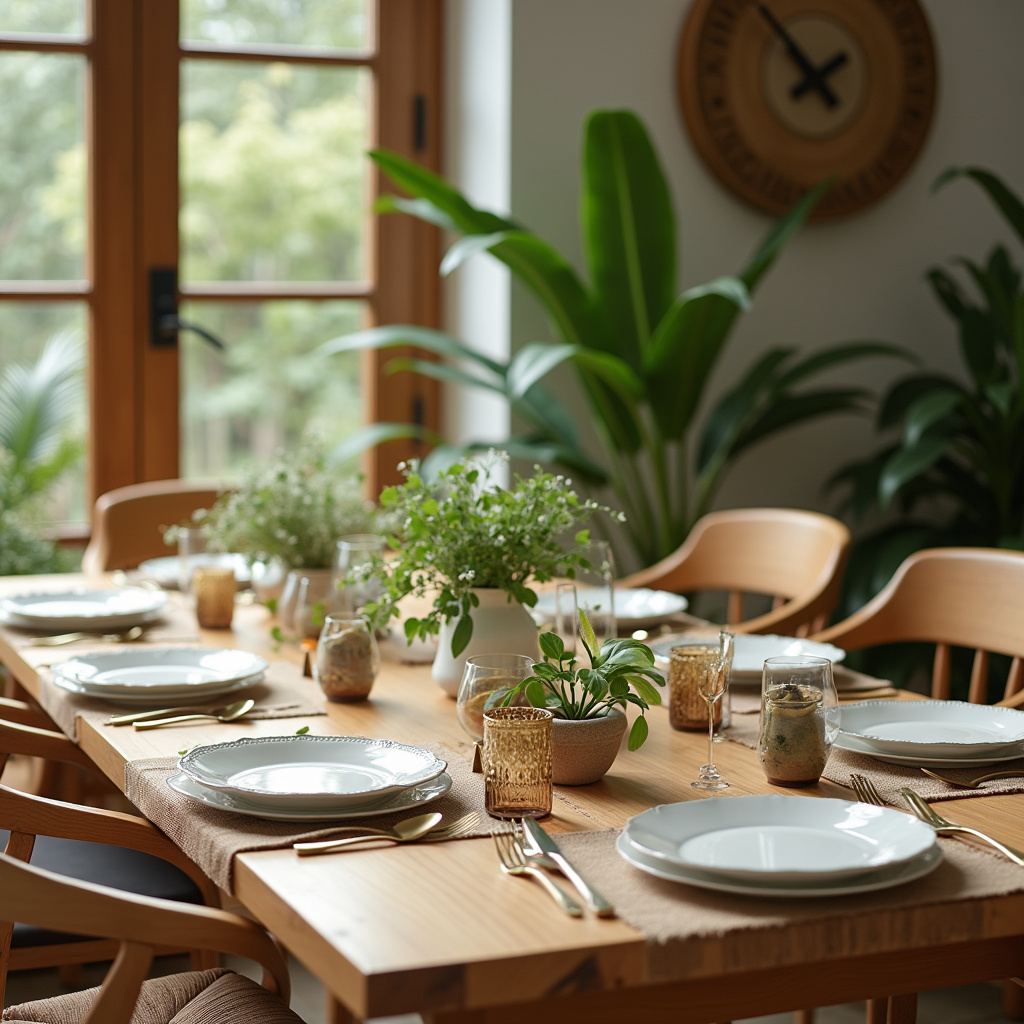 Sustainable dining table decor, recycled materials, eco-friendly, natural light, 8K, lifestyle Decoração sustentável para mesa de jantar.