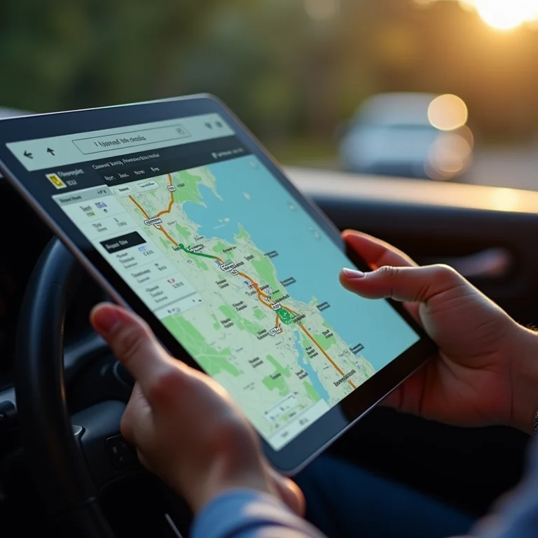 Tablet mostrando um roteiro detalhado da road trip com mapa digital.