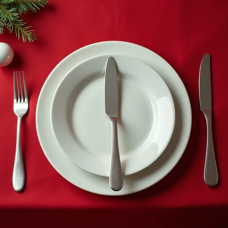 Talheres e louças dispostos incorretamente na mesa de Natal.