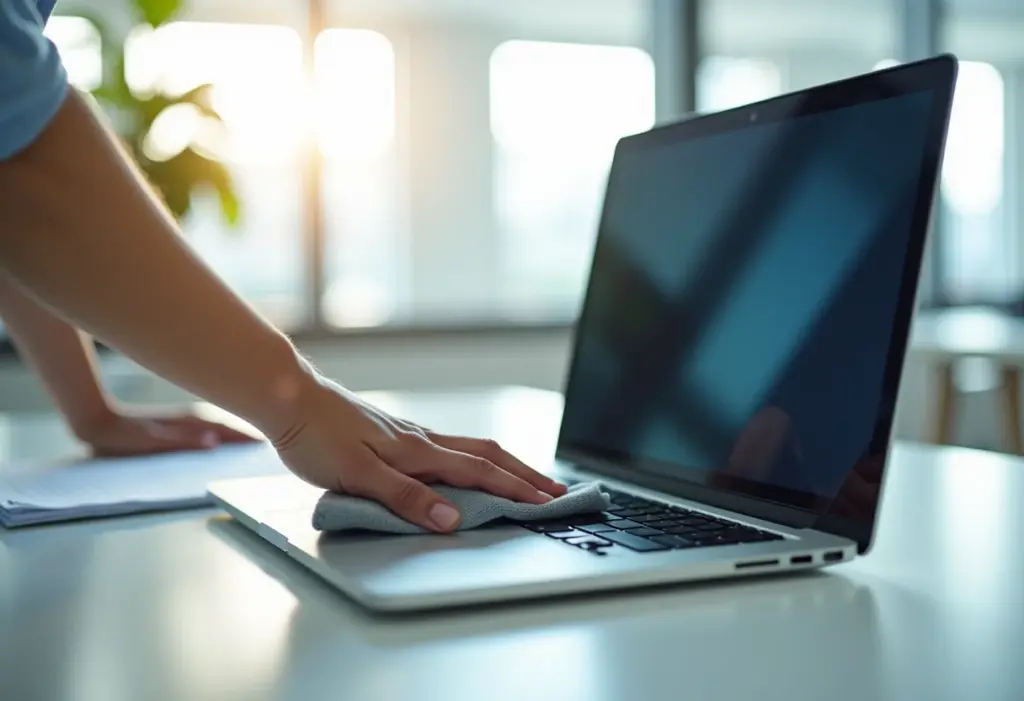 Tela de notebook sendo limpa com cuidado em um ambiente de escritório moderno.