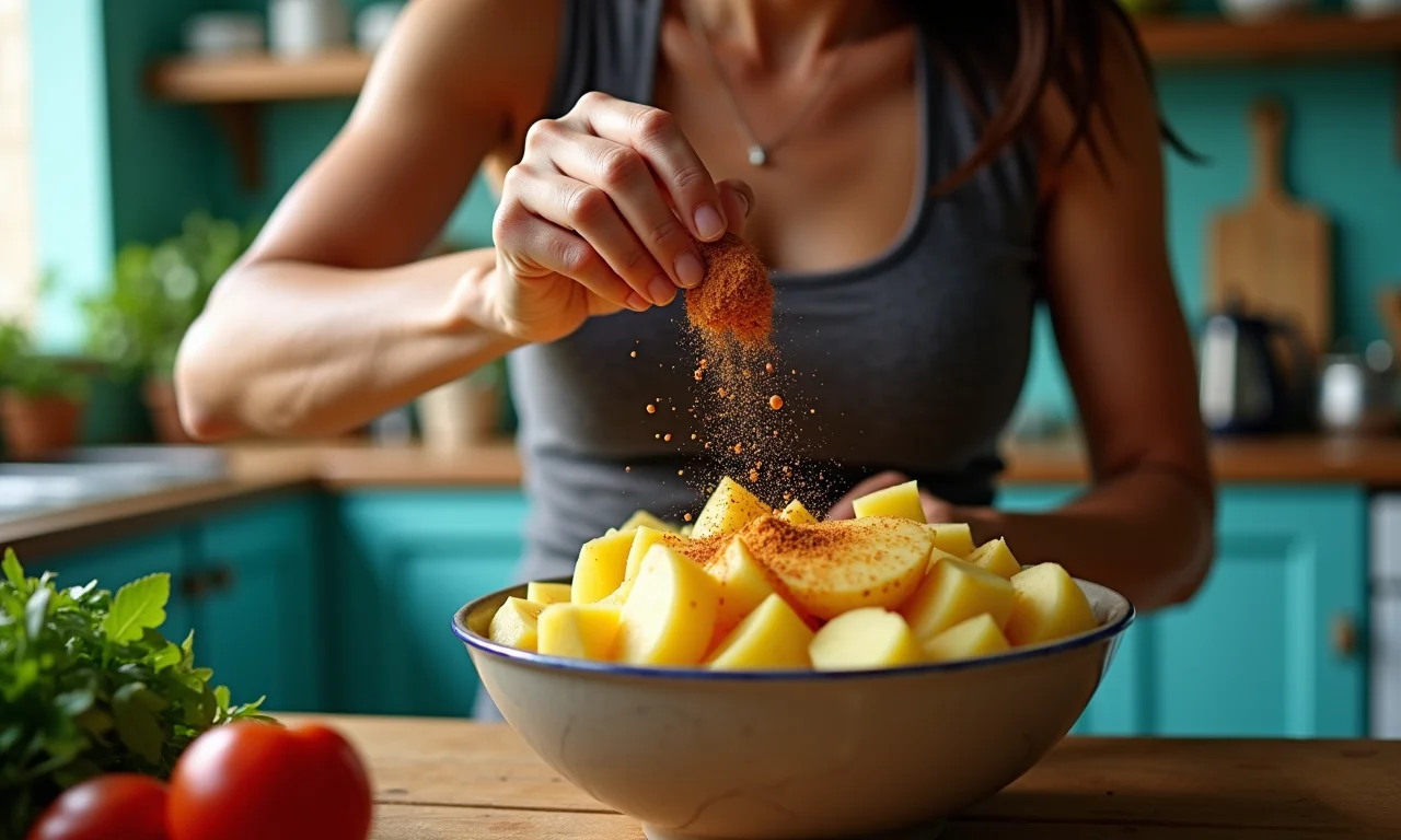 Tempero secreto sendo adicionado às batatas antes de assar.