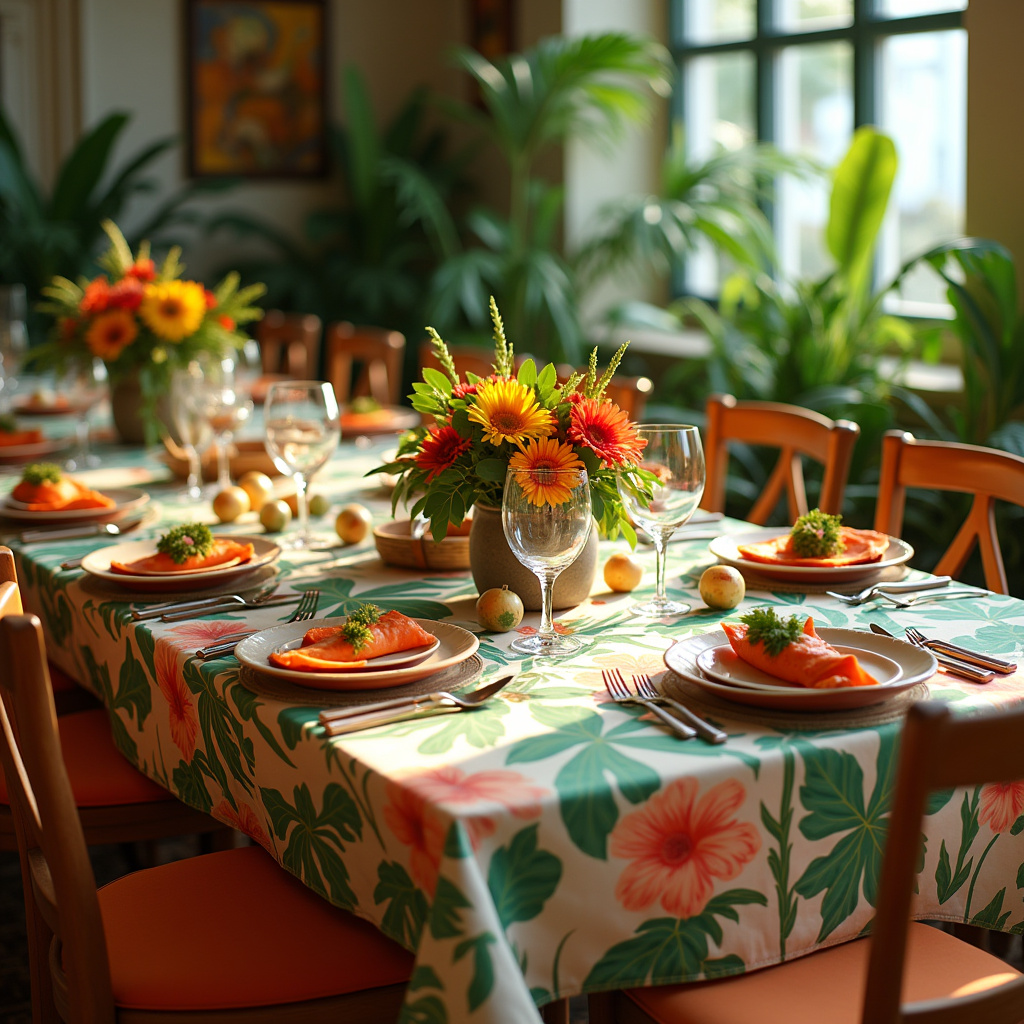 Themed dining table, tropical theme, vibrant colors, natural light, 8K, commercial photography, Mesa de jantar temática com decoração tropical.