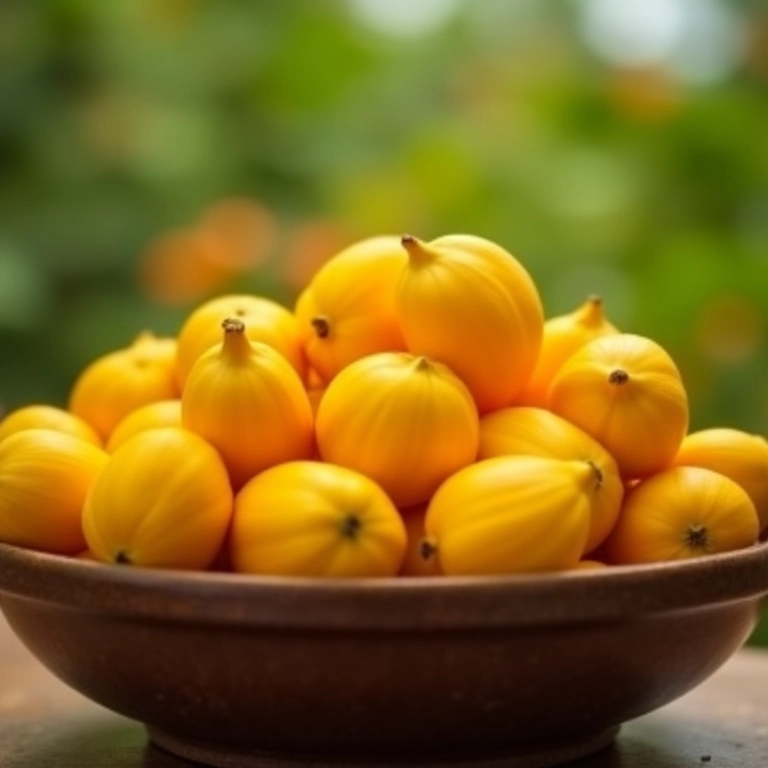 Tigela cheia de cagaitas, fruta amarela do cerrado brasileiro.