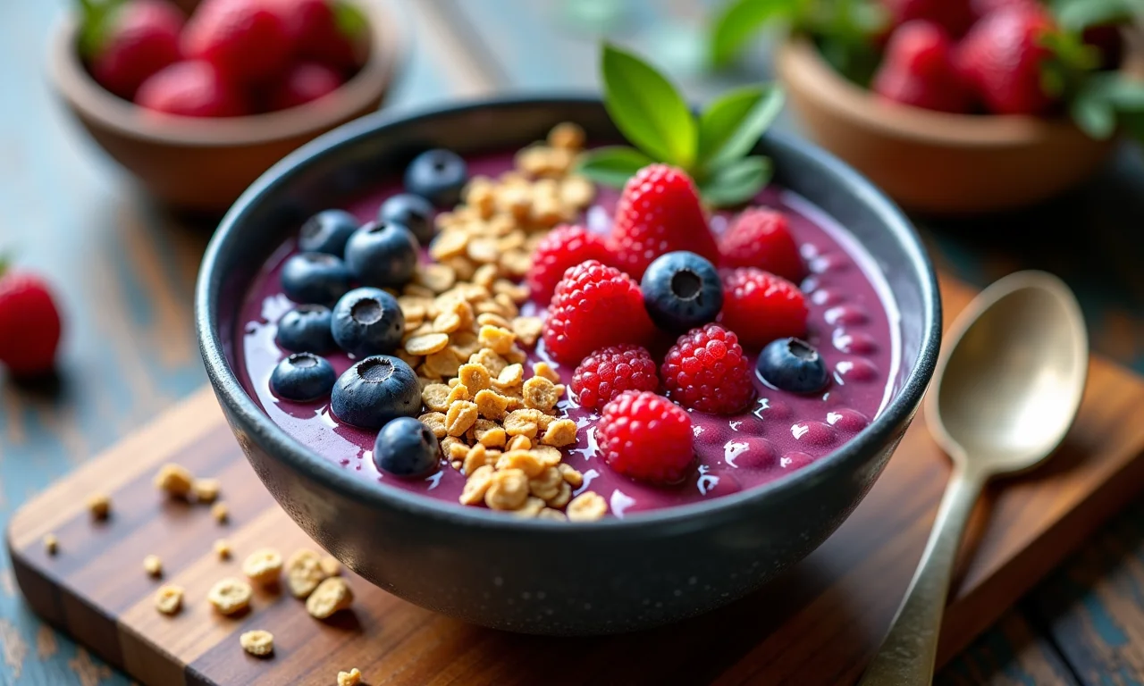 Tigela de açaí com granola e frutas, representando energia e proteção antioxidante.