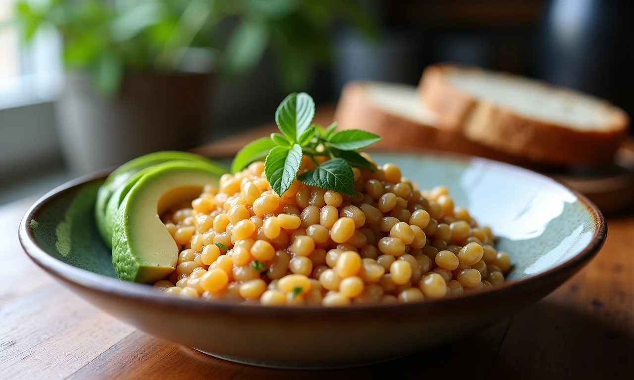 Tigela de grão de bico com pão integral e abacate, representando uma fonte de energia para o dia a dia.