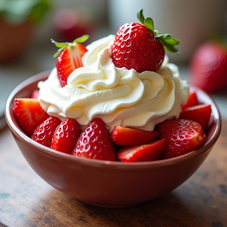 Tigela vibrante de bolo de morango com chantilly e morangos frescos.