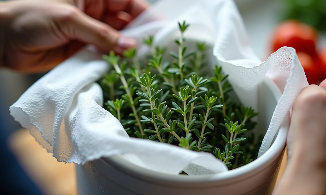 Tomilho fresco sendo armazenado em recipiente com papel toalha úmido.