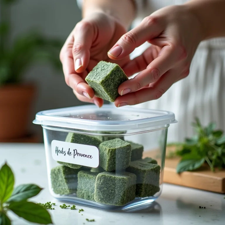 Transferindo cubos de ervas de Provence congeladas para um recipiente hermético.