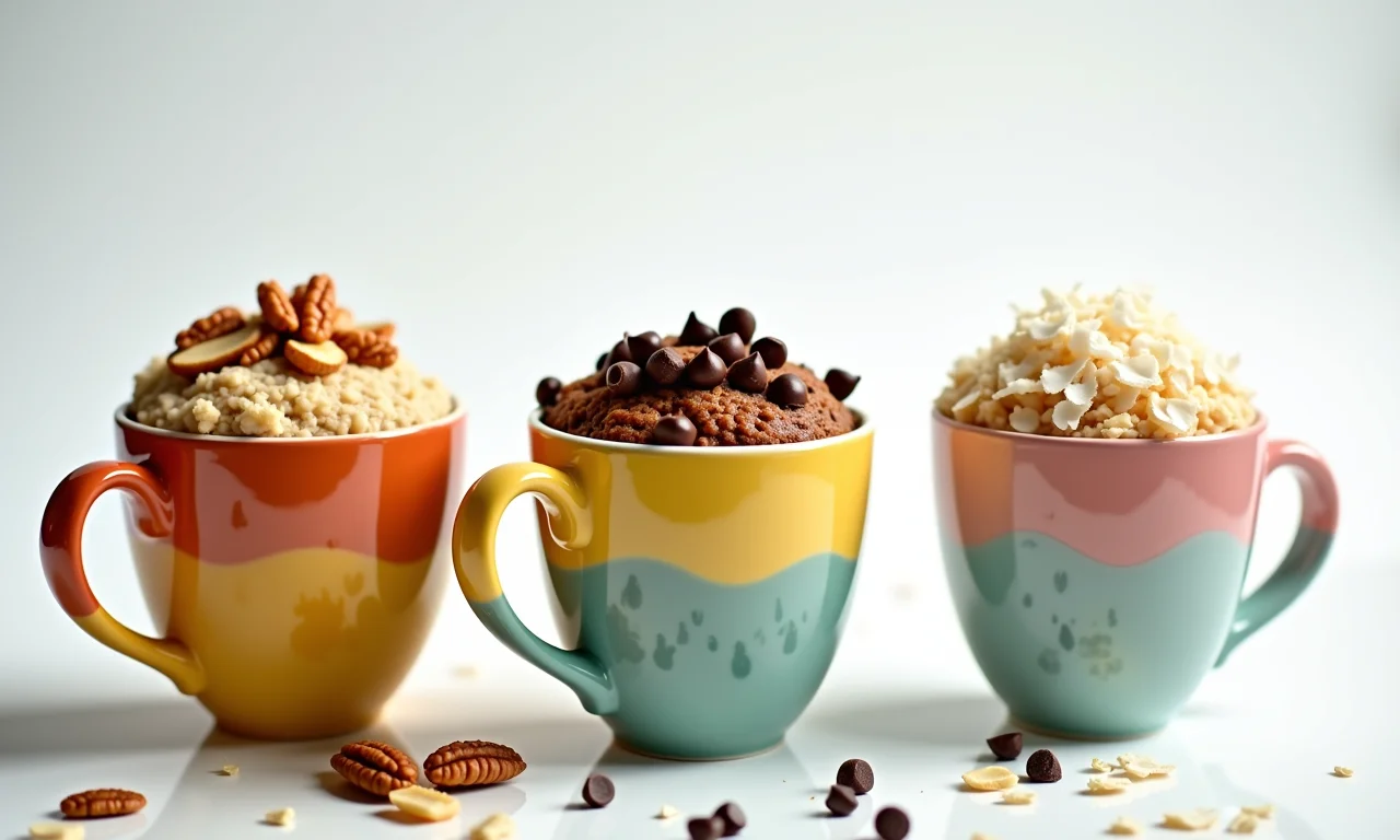 Três bolinhos de aveia fit com diferentes coberturas: nozes, chocolate e coco.