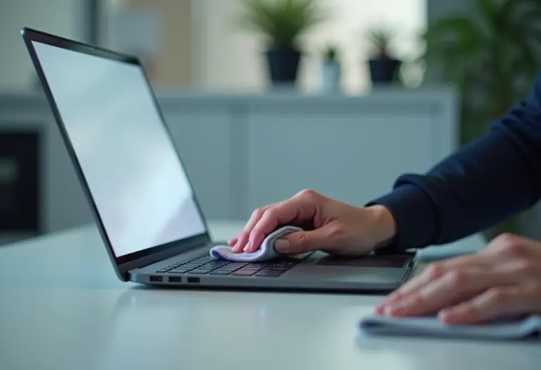 Um ambiente de trabalho minimalista com foco em mãos limpando a tela de um notebook.