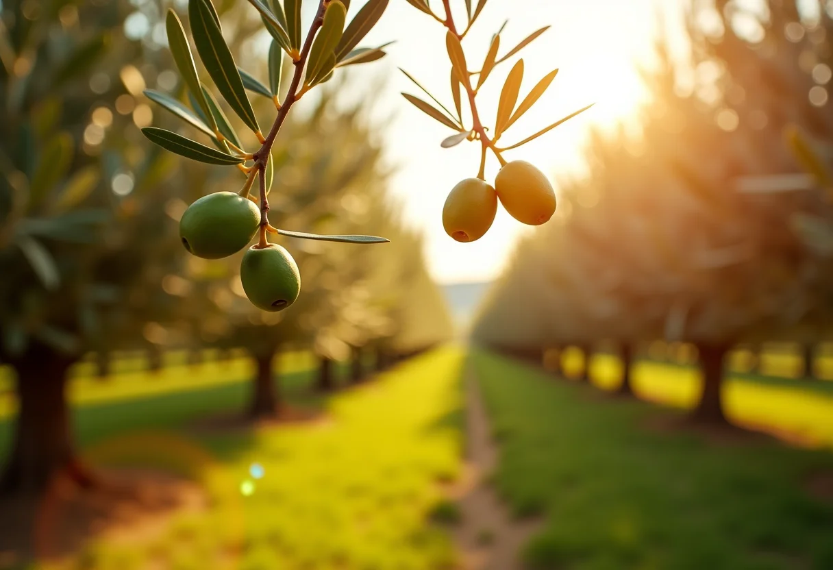 Um vasto olival sob a luz do sol, com azeitonas maduras nos galhos.