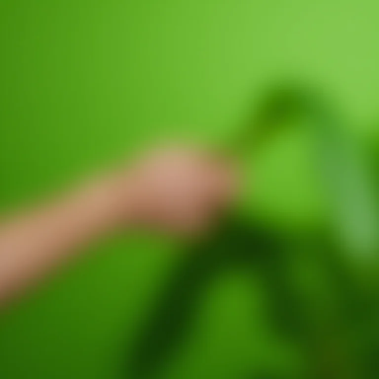 Uma mão limpando suavemente as folhas de uma planta, demonstrando a importância de mantê-las limpas para a fotossíntese.