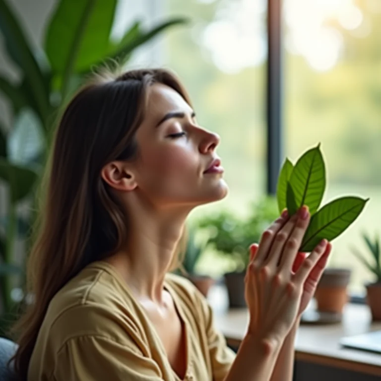 Uma pessoa relaxando em um escritório, aliviando o estresse ao interagir com plantas.