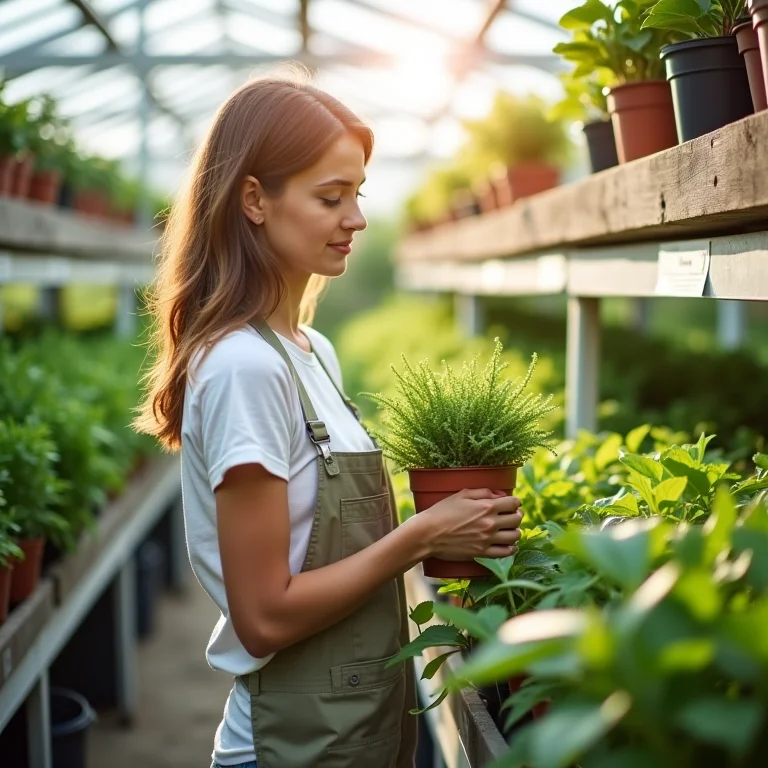 Uma pessoa selecionando cuidadosamente uma planta em um viveiro brilhante e bem organizado, refletindo a importância de escolher plantas que atendam às necessidades individuais.