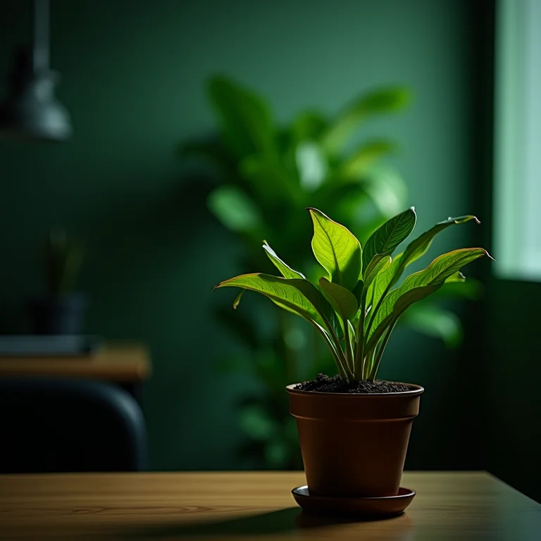 Uma planta verde vibrante murchando em um escritório escuro e mal ventilado, ilustrando a importância de escolher a planta certa para ambientes internos.