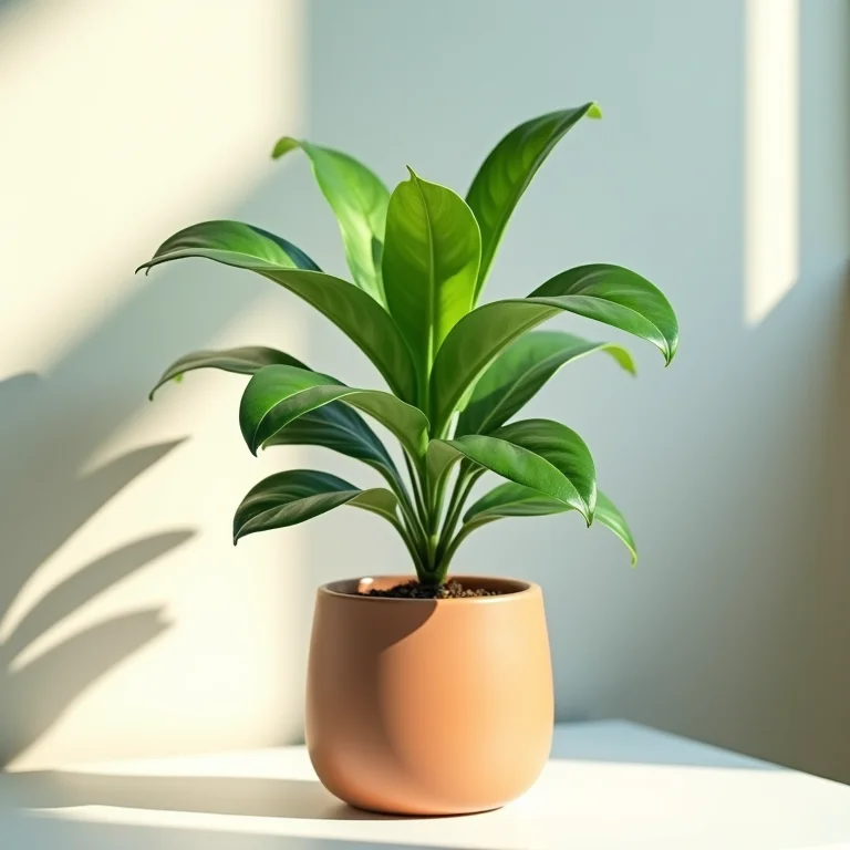 Uma planta Zamioculca, conhecida por sua resistência, adornando uma mesa de escritório.