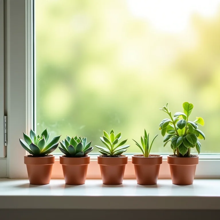 Uma variedade de suculentas charmosas em um parapeito de janela ensolarado em um escritório.