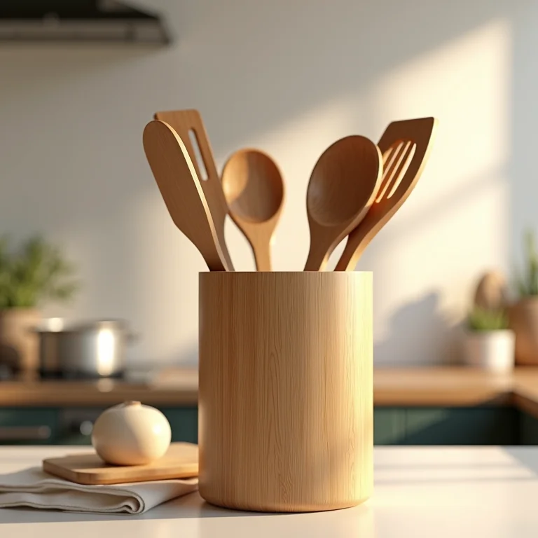 Utensílios de cozinha de bambu e madeira em suporte estiloso.