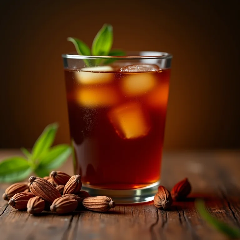 Vagens de cardamomo ao lado de um copo de chá preto gelado.