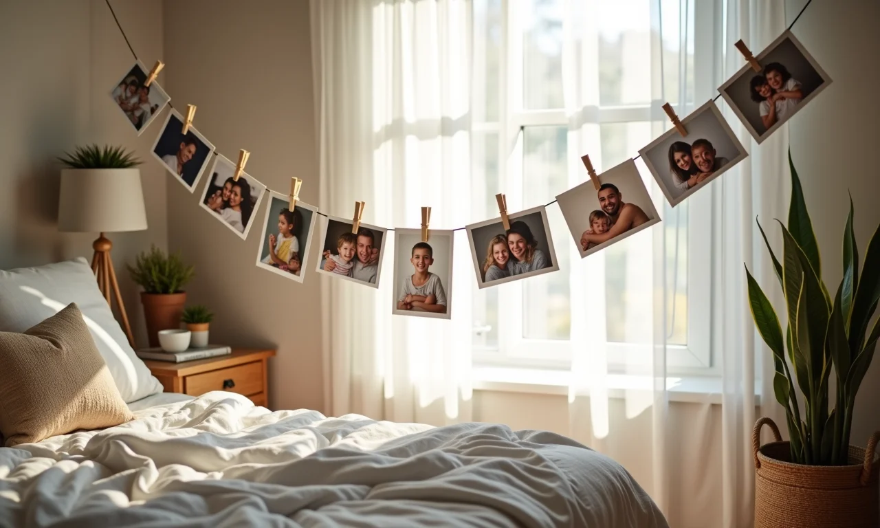 Varal de fotos com prendedores, decorando um quarto com estilo despojado.