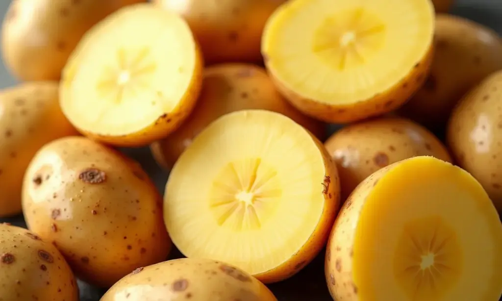 Variedade de batatas cruas cortadas mostrando texturas e cores, representando valor nutricional.
