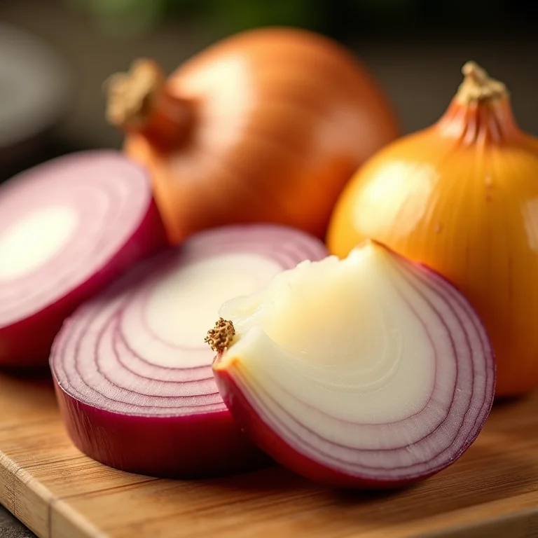 Variedade de cebolas (roxa, branca, amarela) fatiadas.