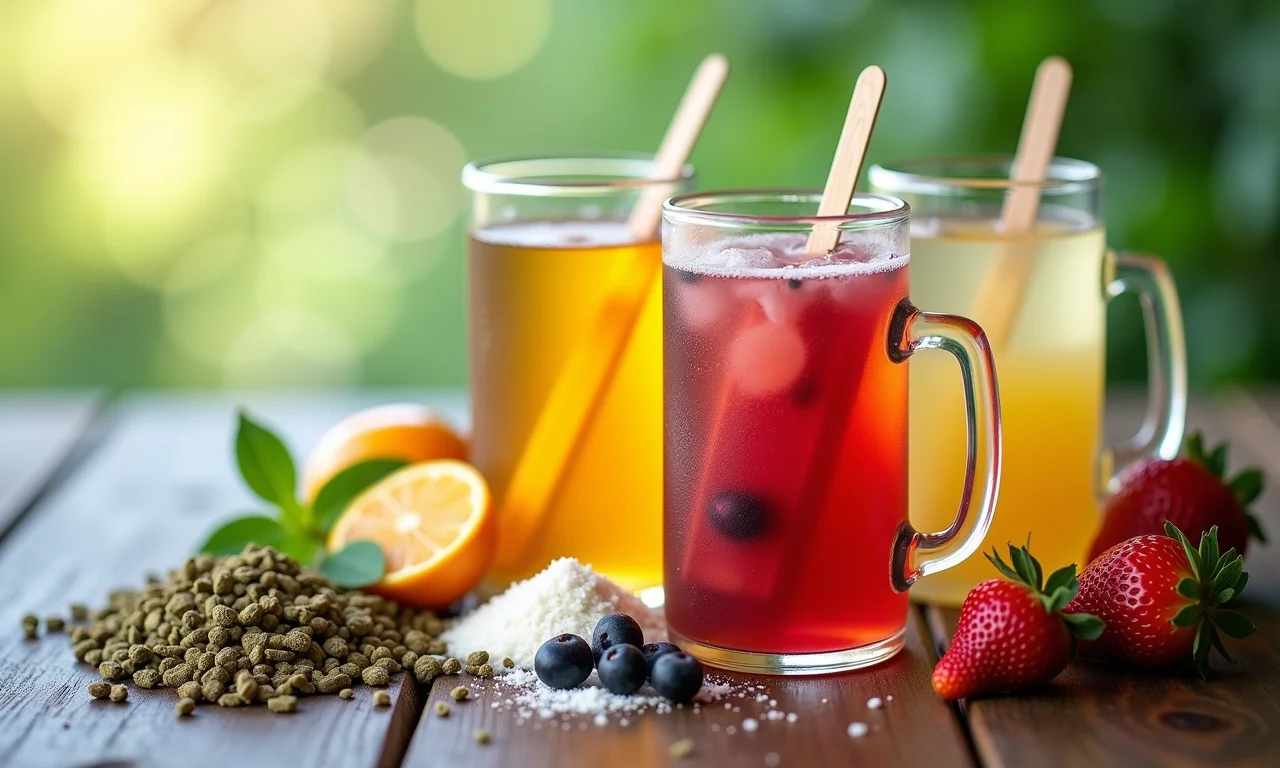 Variedade de chás e ingredientes para picolés de diversos sabores.