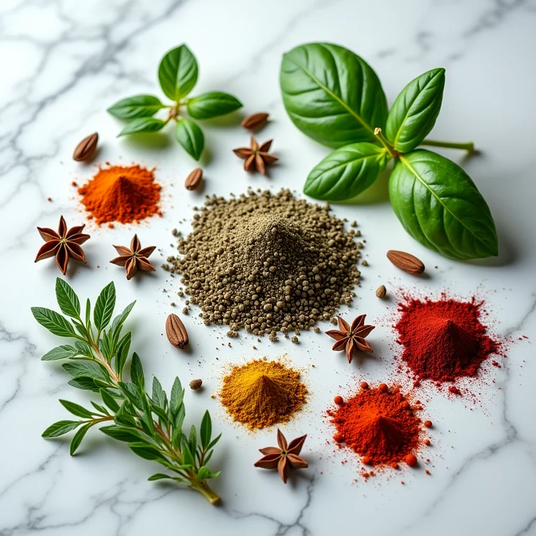 Variedade de ervas frescas e especiarias coloridas