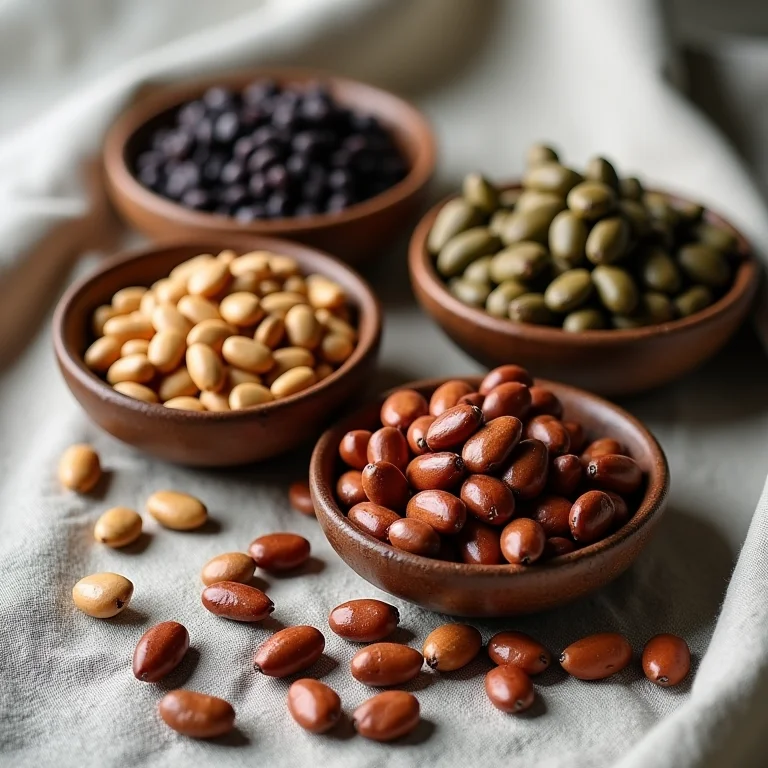 Variedade de tipos de feijão em potes rústicos