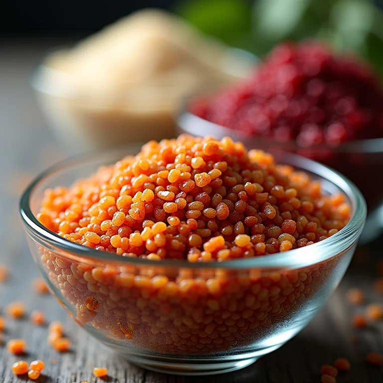 Variedades de quinoa (branca, vermelha e preta) em tigelas de vidro.