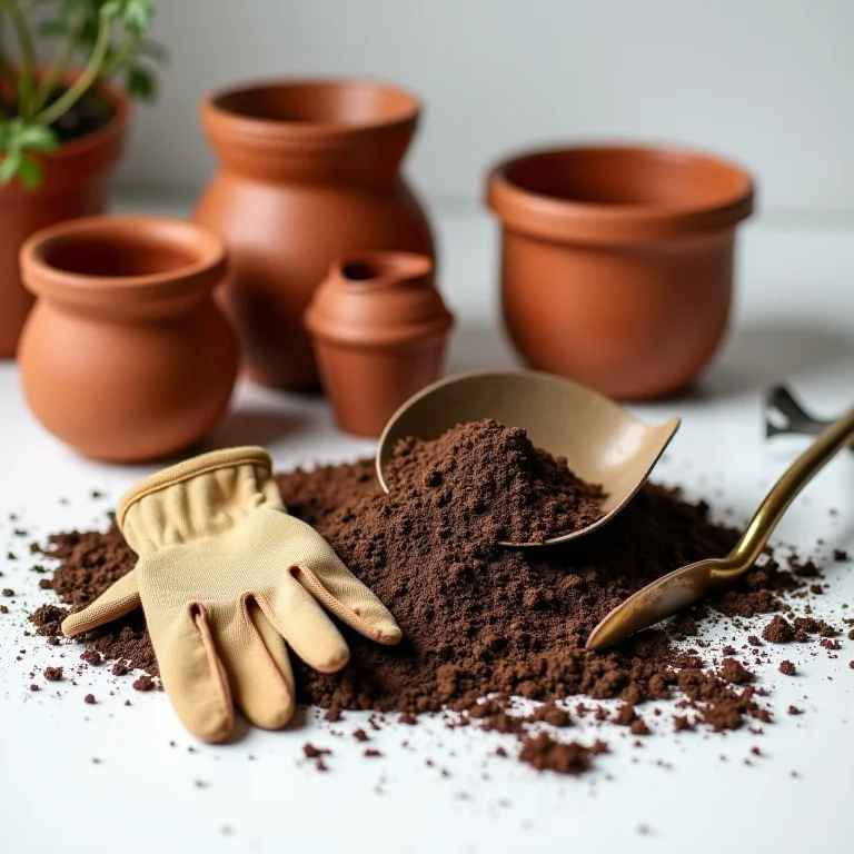 Vasos de terracota, substrato orgânico, luvas de jardinagem e pá pequena organizados em uma superfície branca.