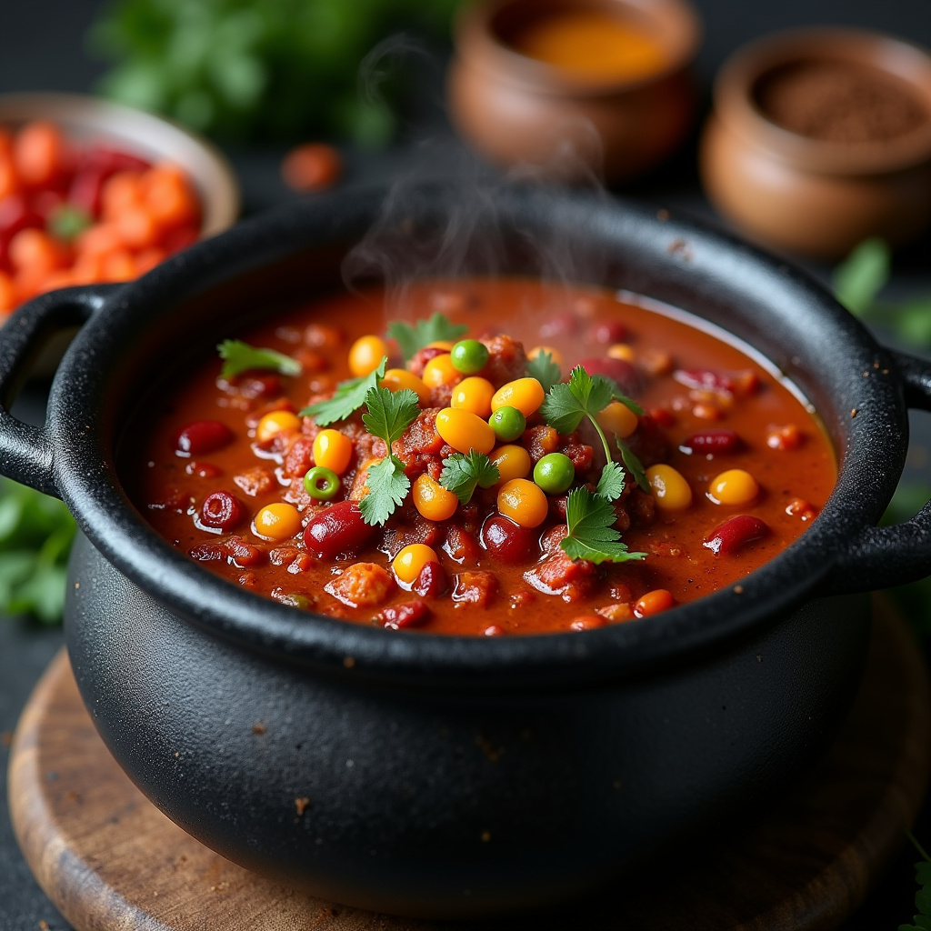 Vegan chili simmering in witch cauldron pot, colorful beans, spices, Brazilian style kitchen, Chili vegano na panela caldeirão.