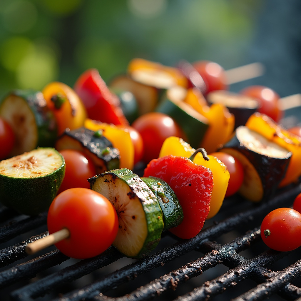 Vegetable skewers on a grill, zucchini, eggplant, bell peppers, cherry tomatoes, vibrant colors, Espetinho de legumes coloridos na churrasqueira.