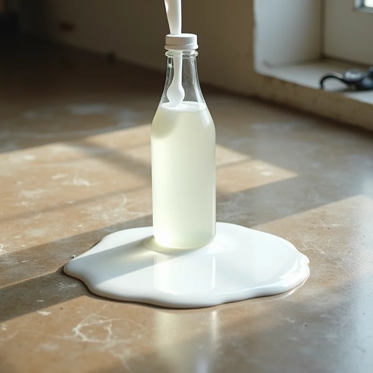 Vinagre branco sendo derramado sobre piso de concreto manchado.