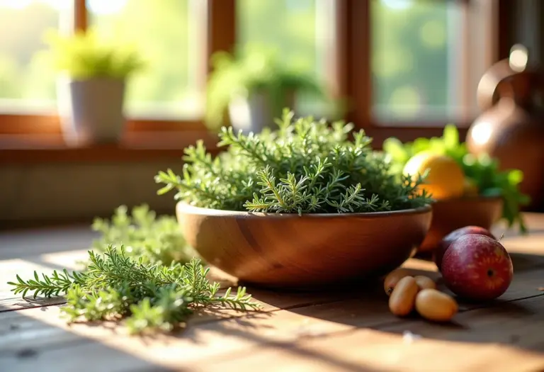 Visão geral de Ervas de Provence frescas em uma cozinha iluminada pelo sol