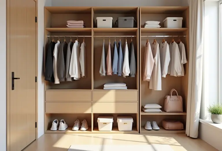 Visão geral de um armário organizado com divisórias de papelão.