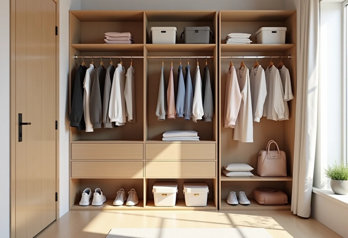 Visão geral de um armário organizado com divisórias de papelão.