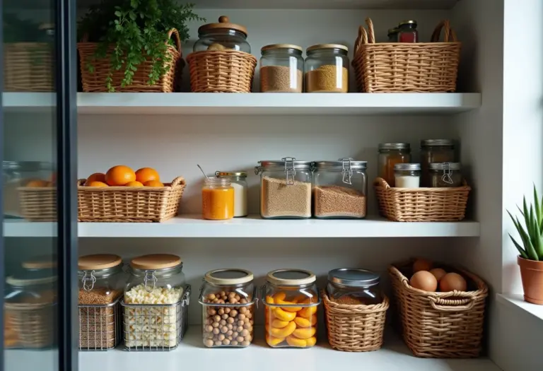 Visão geral de uma despensa organizada com cestos.
