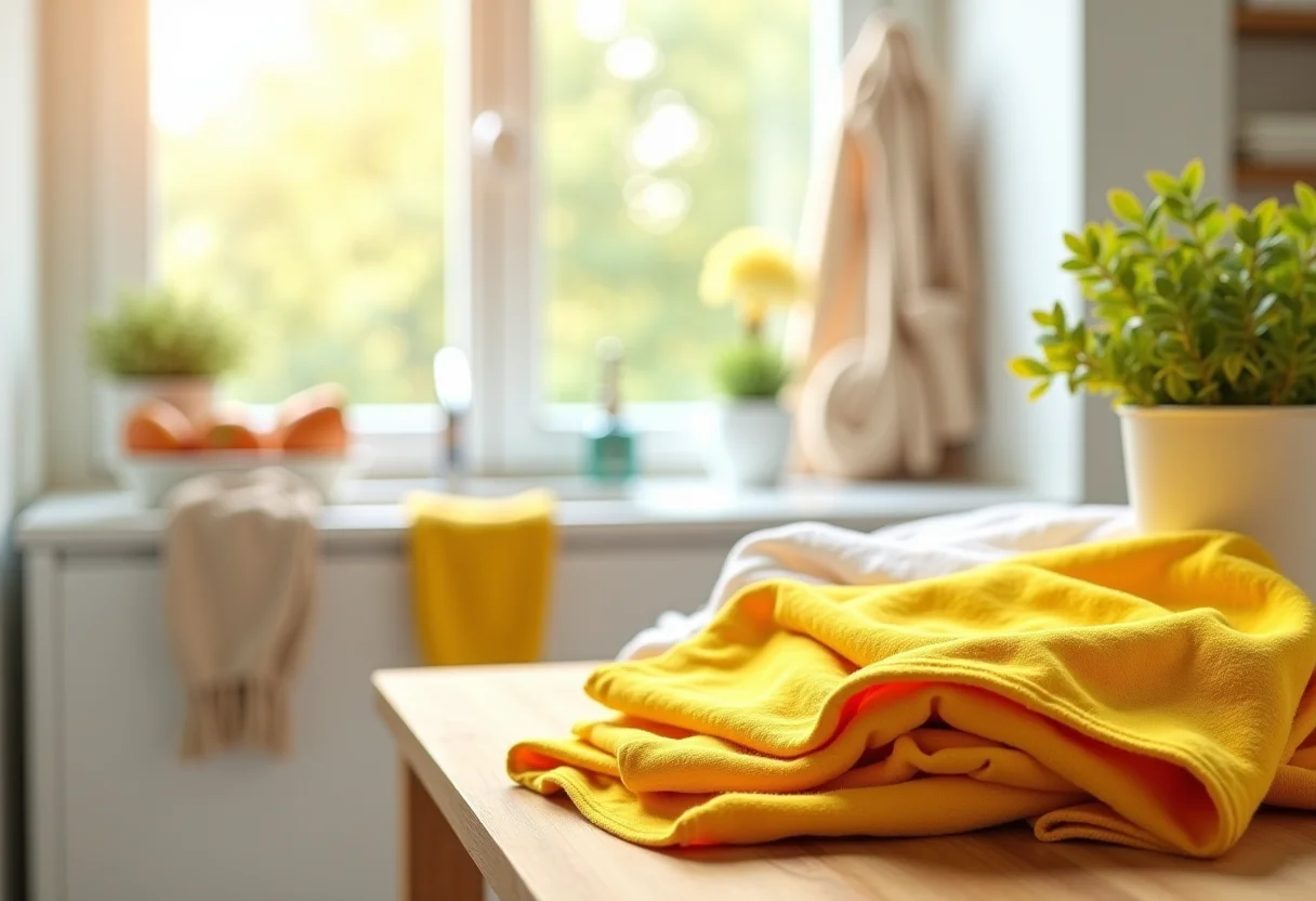 Visão geral de uma lavanderia iluminada com roupas manchadas de curry.