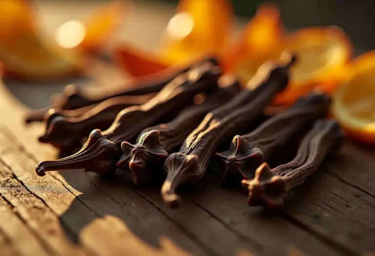Visão panorâmica de cravos-da-índia em uma mesa rústica sob luz solar.