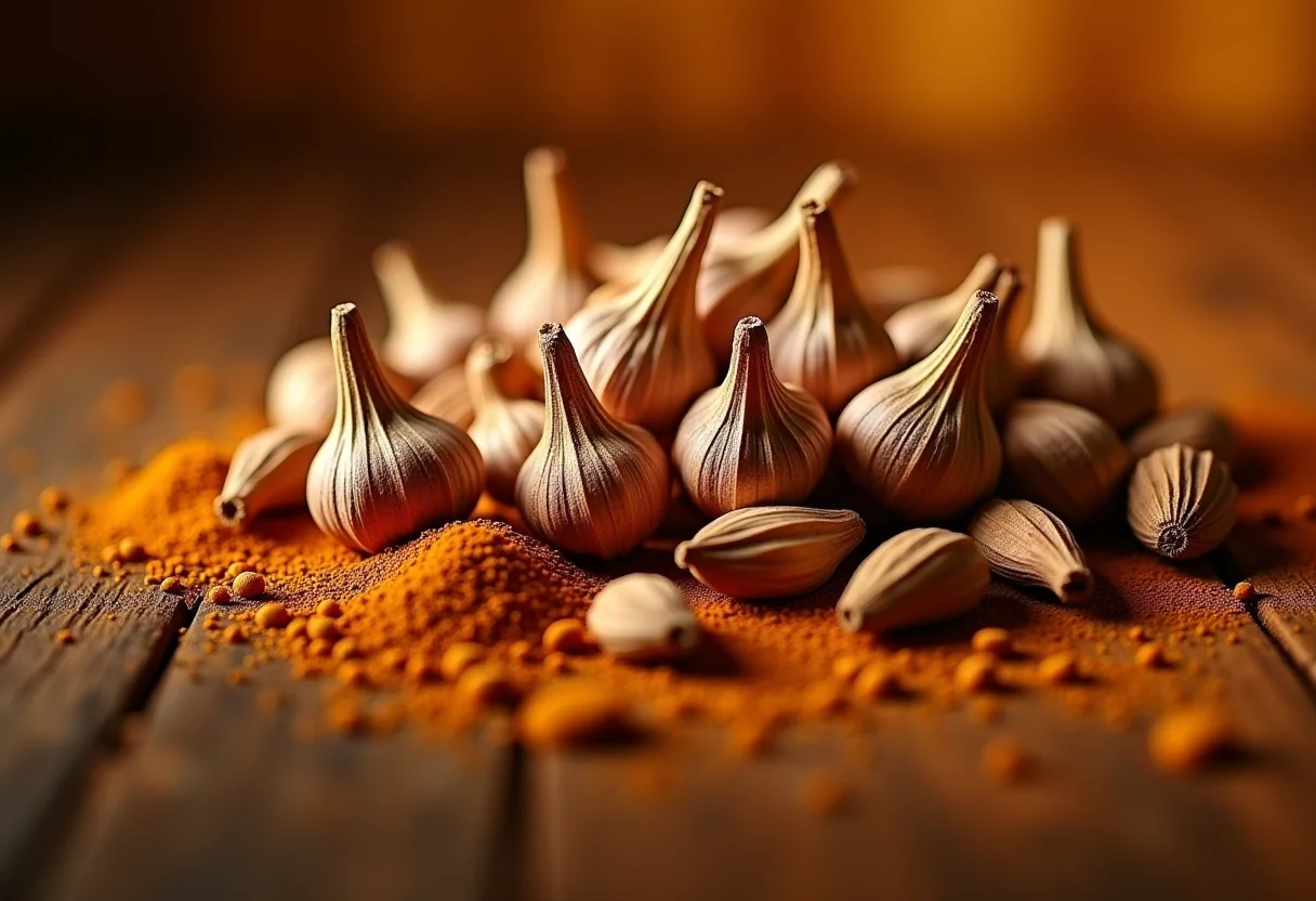 Visão panorâmica de cravos-da-índia inteiros e moídos em um fundo de madeira rústica.