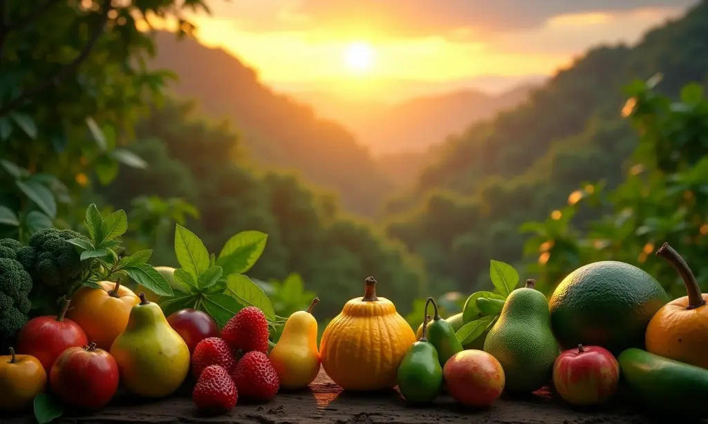 Vista panorâmica da Amazônia ao amanhecer, com frutos e plantas que podem curar doenças.