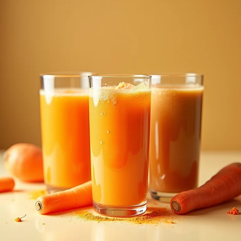 Vitaminas e sucos turbinados com cenoura em pó.